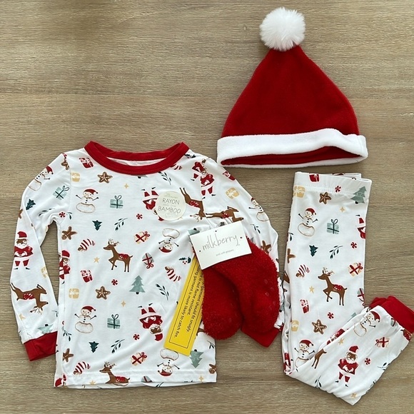 🎄Milkberry Baby Bamboo Christmas Pajama Set Santa Hat 12 months 3T - Picture 1 of 9